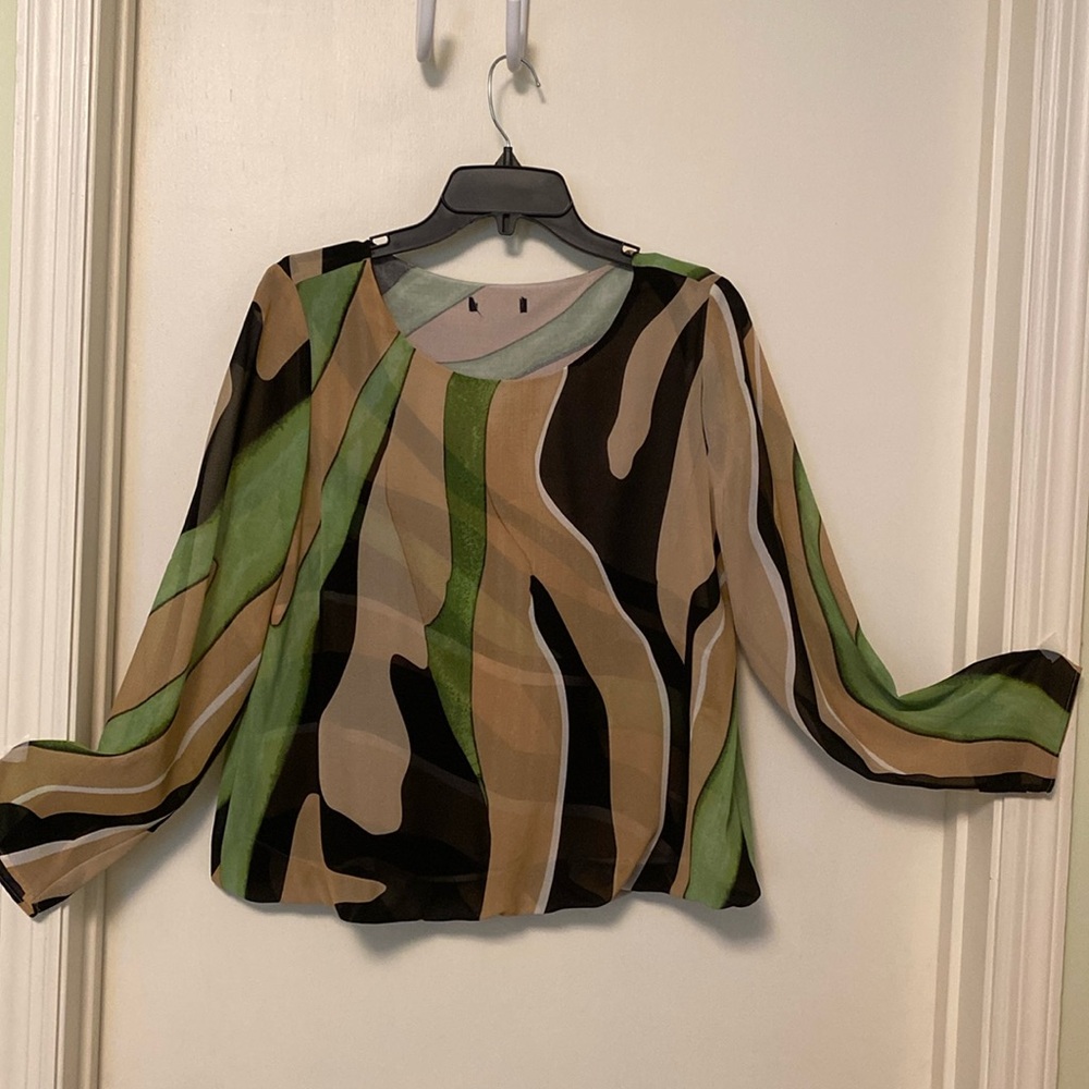 Alfani abstract green, tan, black polyester crepe  elastic waist long sleeve top